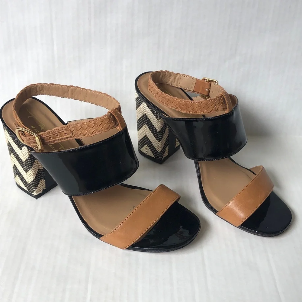 Tabita Brazil Patent leather Block Heel Sandals Black and Tan Size 8
